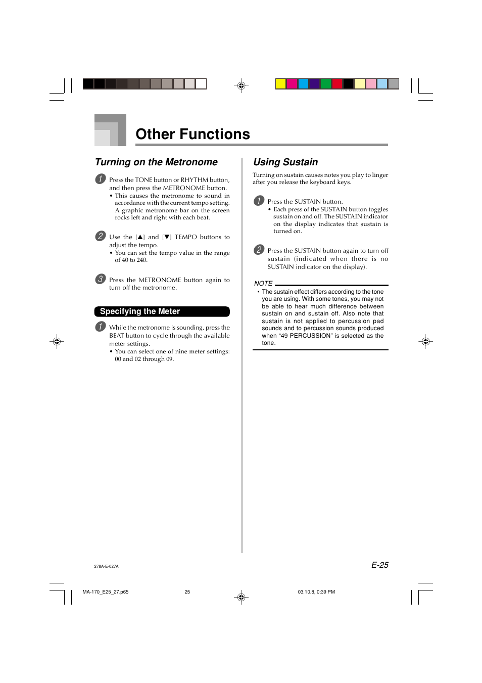 Other functions, Turning on the metronome, Using sustain | Casio MA-170 User Manual | Page 27 / 43