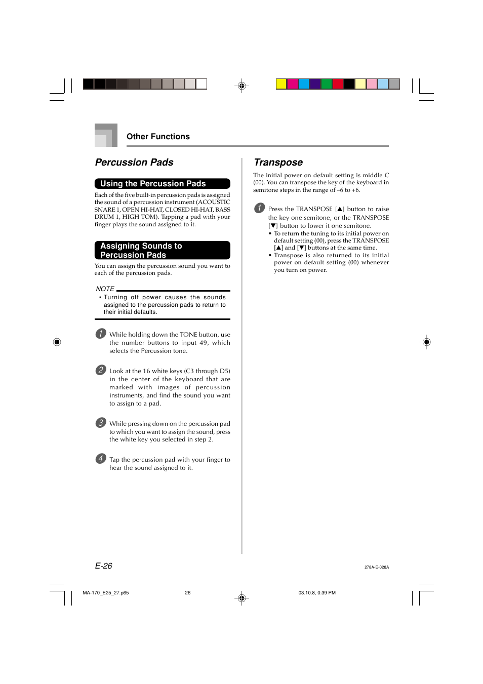 Percussion pads, Transpose | Casio MA-170 User Manual | Page 28 / 43