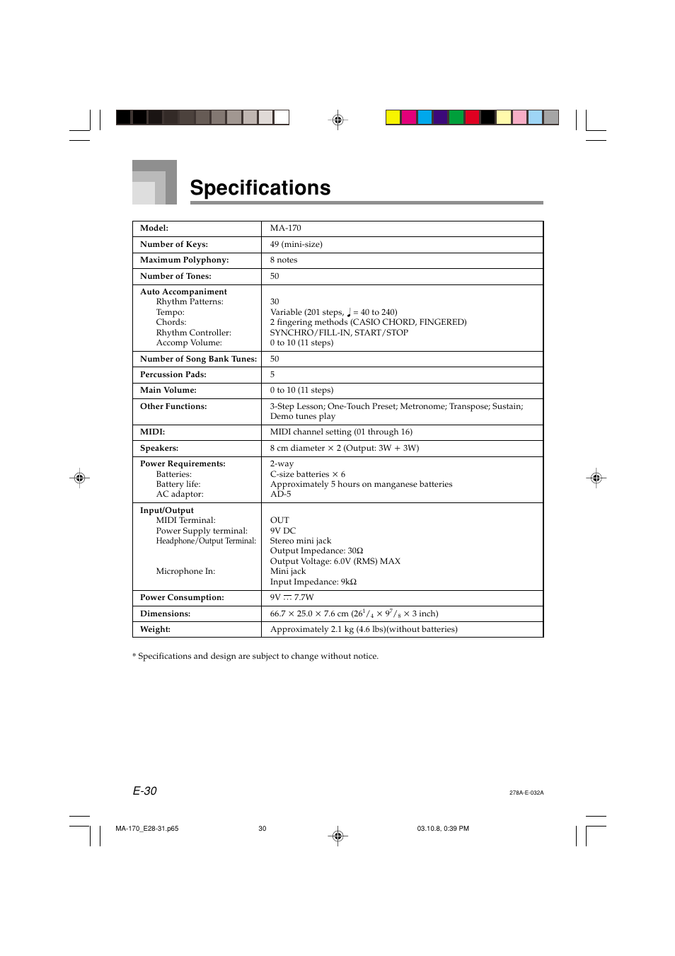 Specifications, E-30 | Casio MA-170 User Manual | Page 32 / 43
