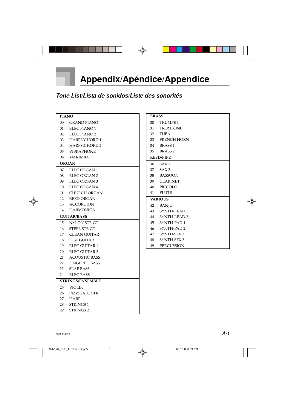 Appendix/apéndice/appendice, Tone list/lista de sonidos/liste des sonorités | Casio MA-170 User Manual | Page 34 / 43