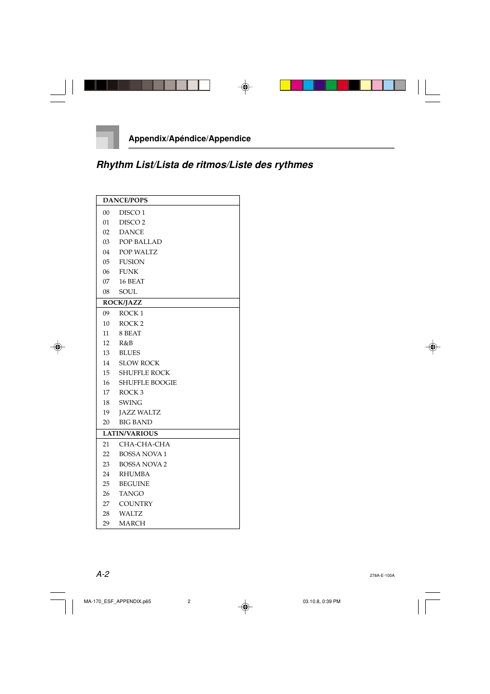 Rhythm list/lista de ritmos/liste des rythmes, Appendix/apéndice/appendice | Casio MA-170 User Manual | Page 35 / 43