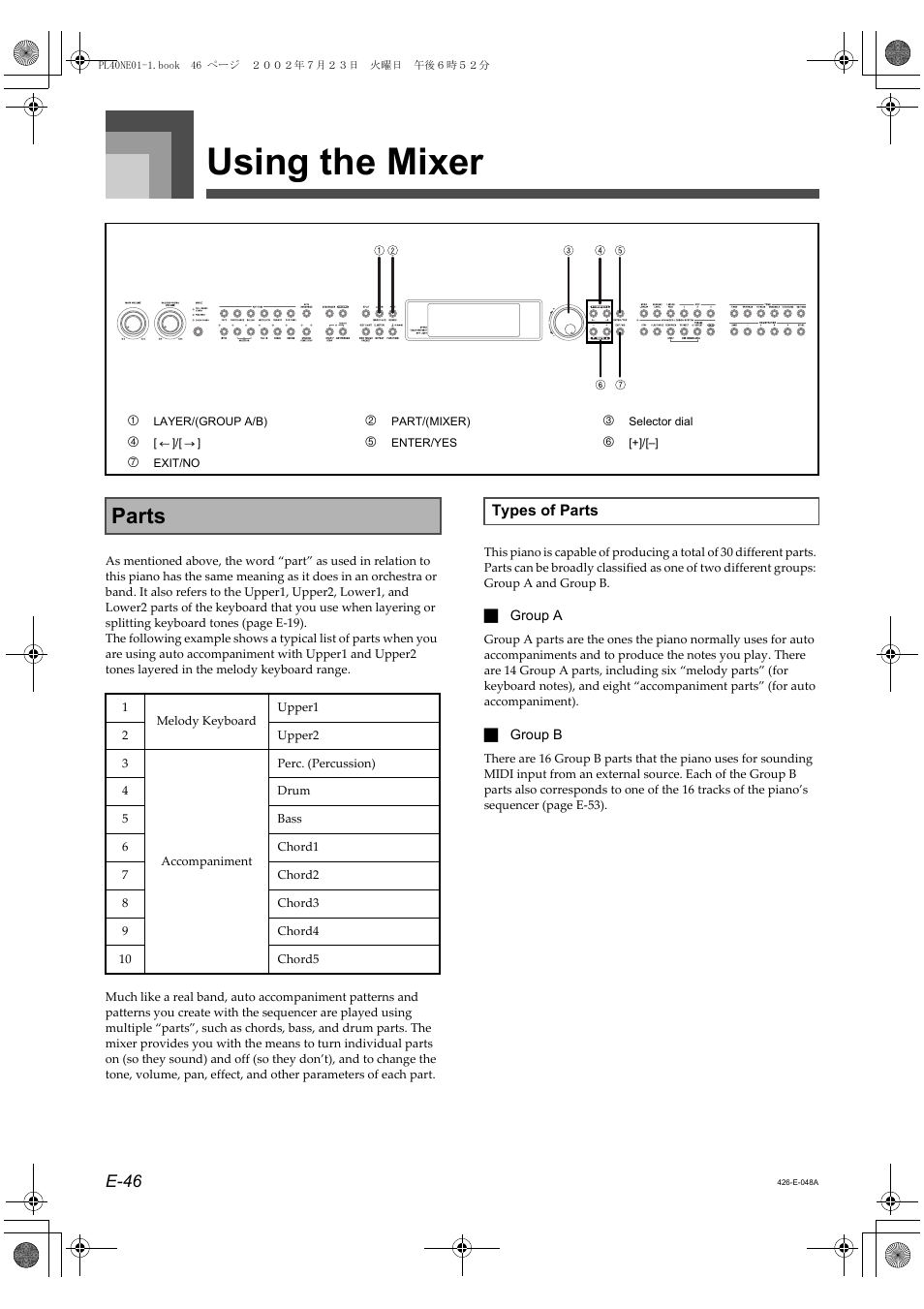 Using the mixer, Parts, E-46 | Casio PL-40R 2 User Manual | Page 14 / 50