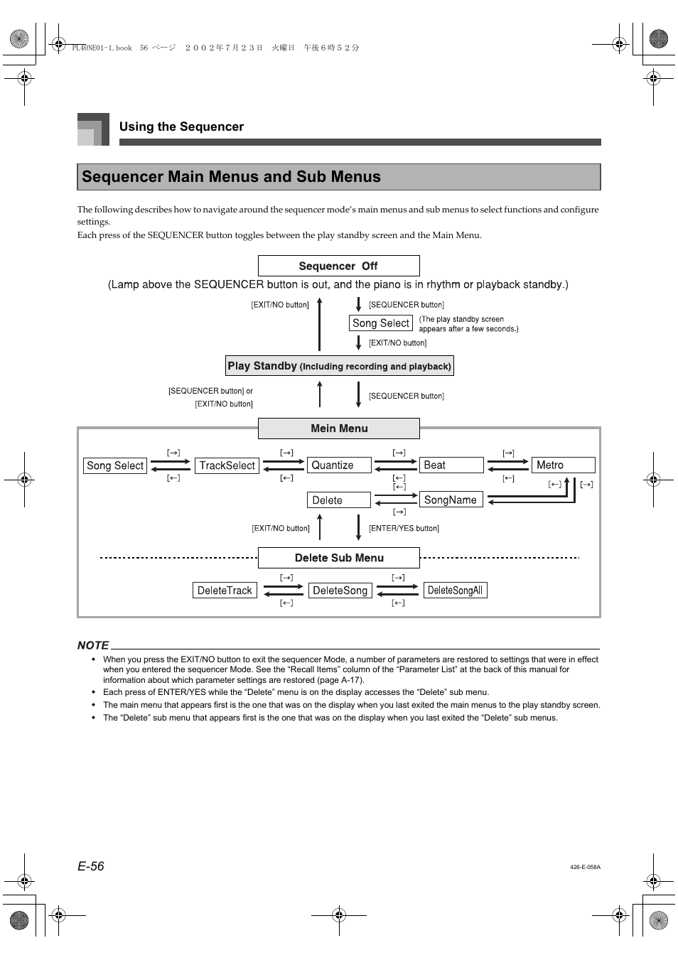 Sequencer main menus and sub menus, Using the sequencer e-56 | Casio PL-40R 2 User Manual | Page 24 / 50