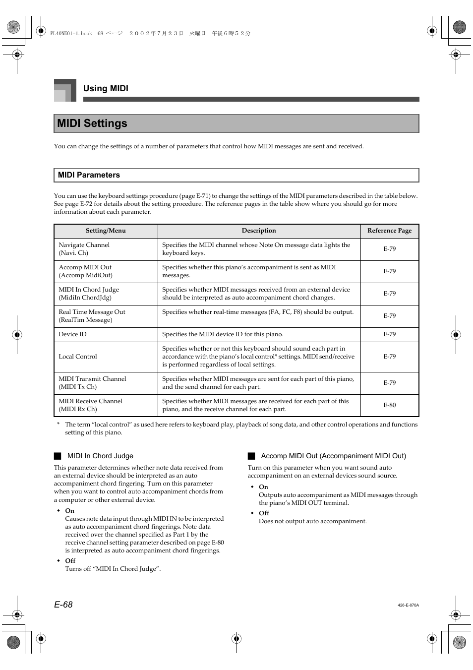 Midi settings, Using midi e-68 | Casio PL-40R 2 User Manual | Page 36 / 50
