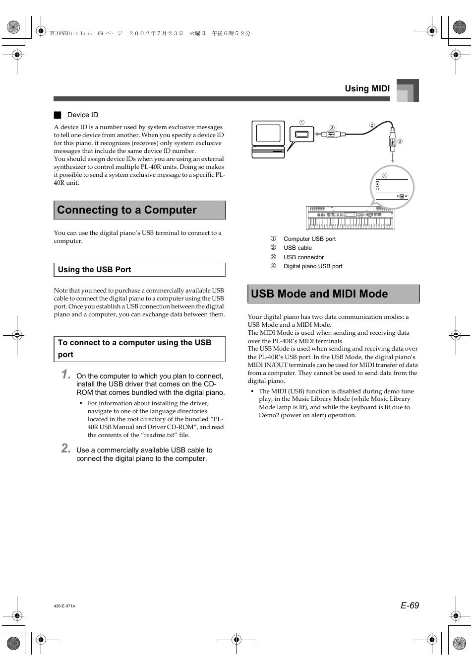 Connecting to a computer, Usb mode and midi mode | Casio PL-40R 2 User Manual | Page 37 / 50