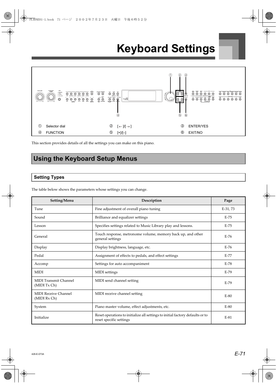 Keyboard settings, Using the keyboard setup menus, E-71 | Casio PL-40R 2 User Manual | Page 39 / 50