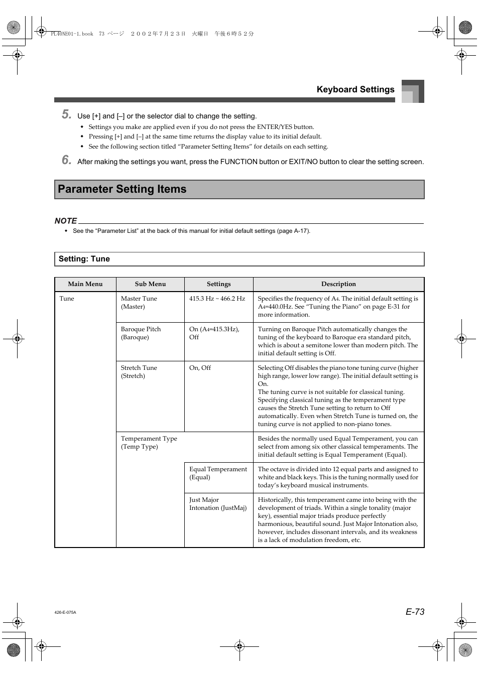 Parameter setting items, E-73 keyboard settings | Casio PL-40R 2 User Manual | Page 41 / 50