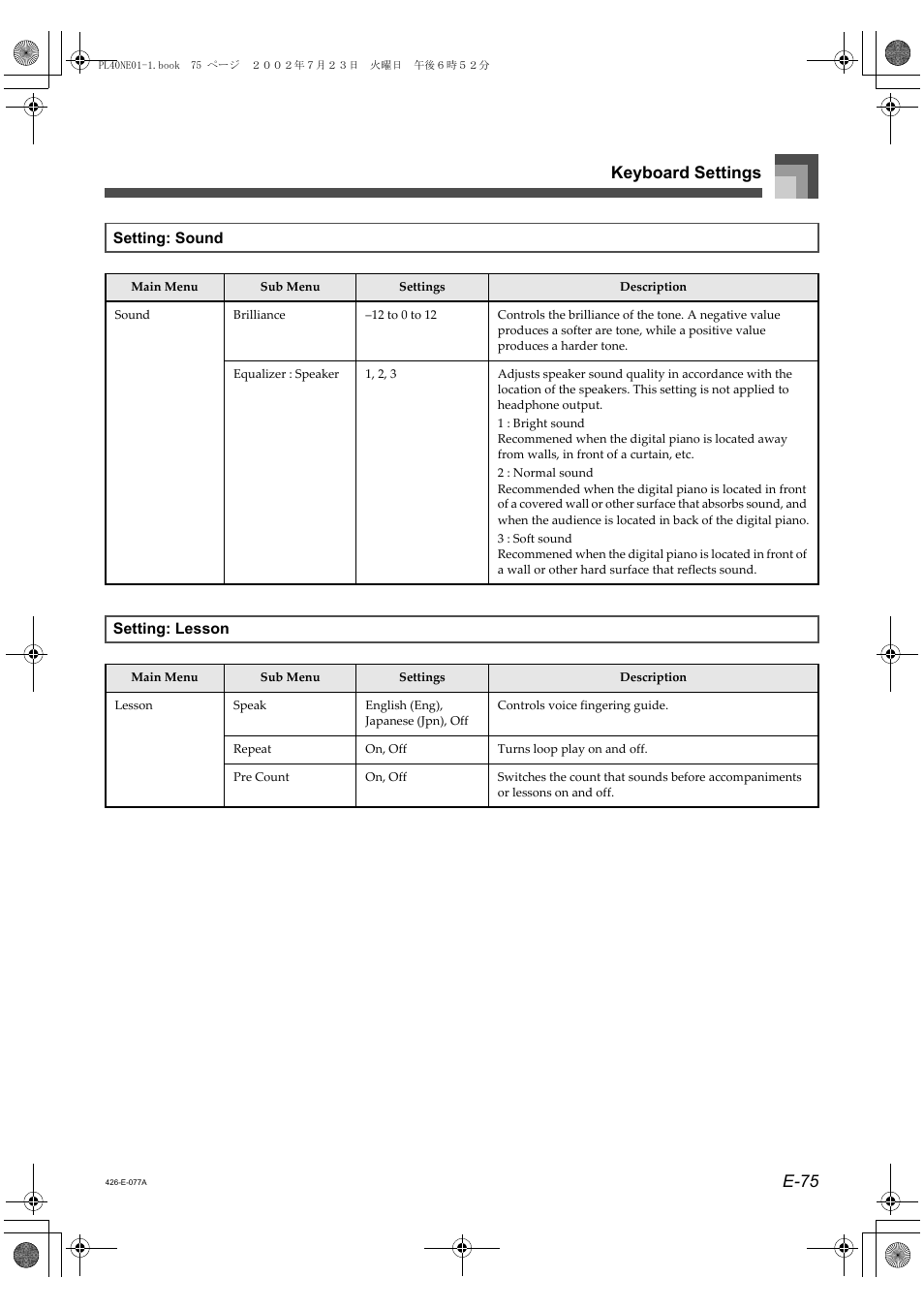 E-75 keyboard settings | Casio PL-40R 2 User Manual | Page 43 / 50