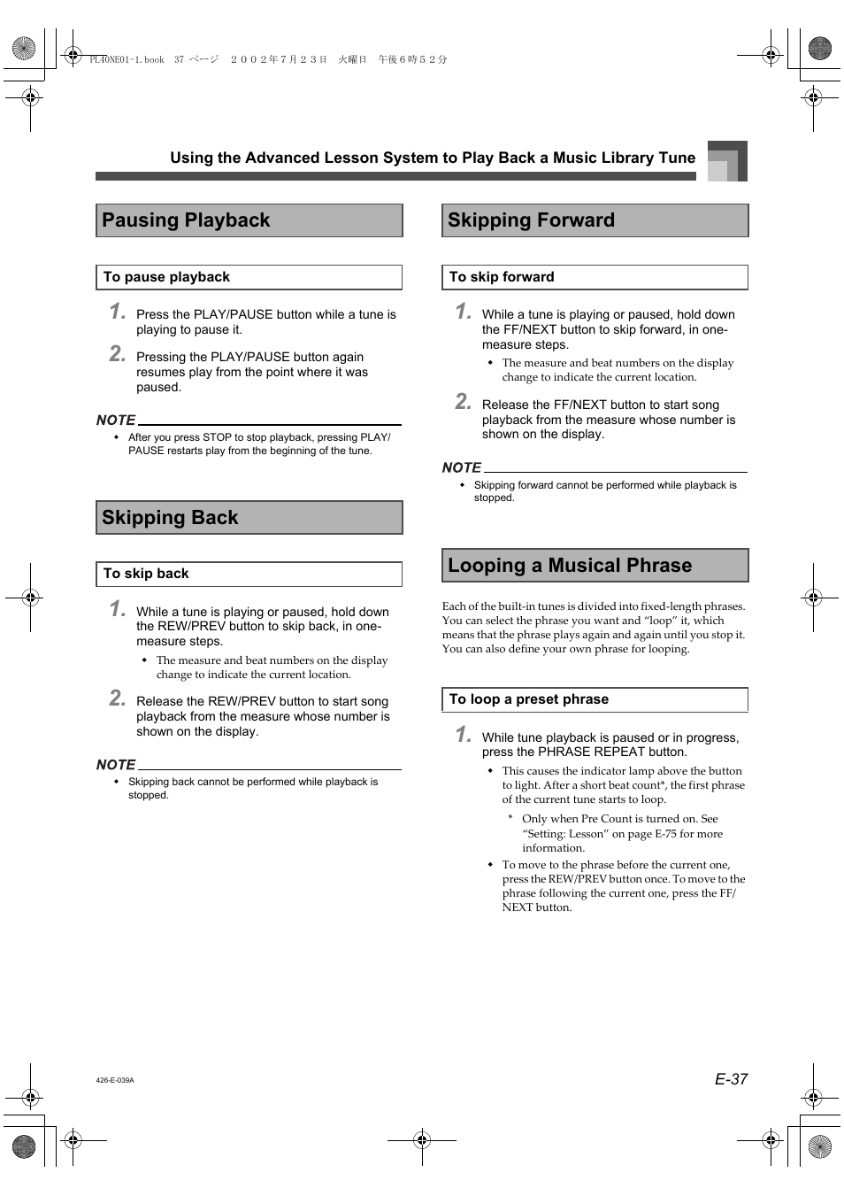 Pausing playback, Skipping back, Skipping forward | Looping a musical phrase | Casio PL-40R 2 User Manual | Page 5 / 50