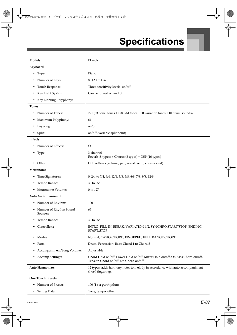 Specifications, E-87 | Casio PL-40R 3 User Manual | Page 5 / 14
