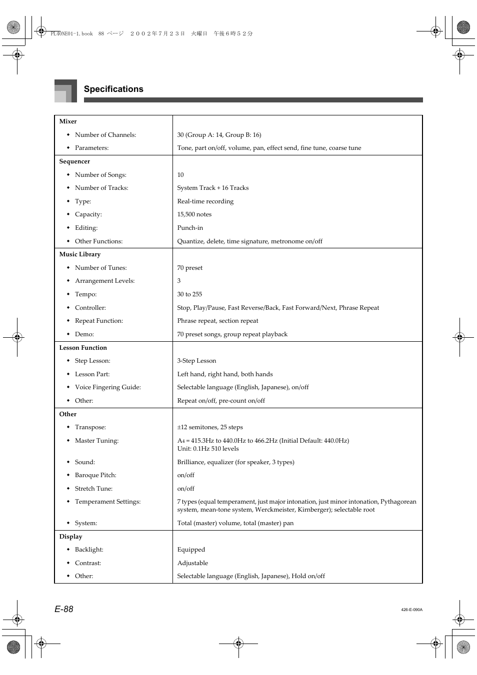 Specifications e-88 | Casio PL-40R 3 User Manual | Page 6 / 14