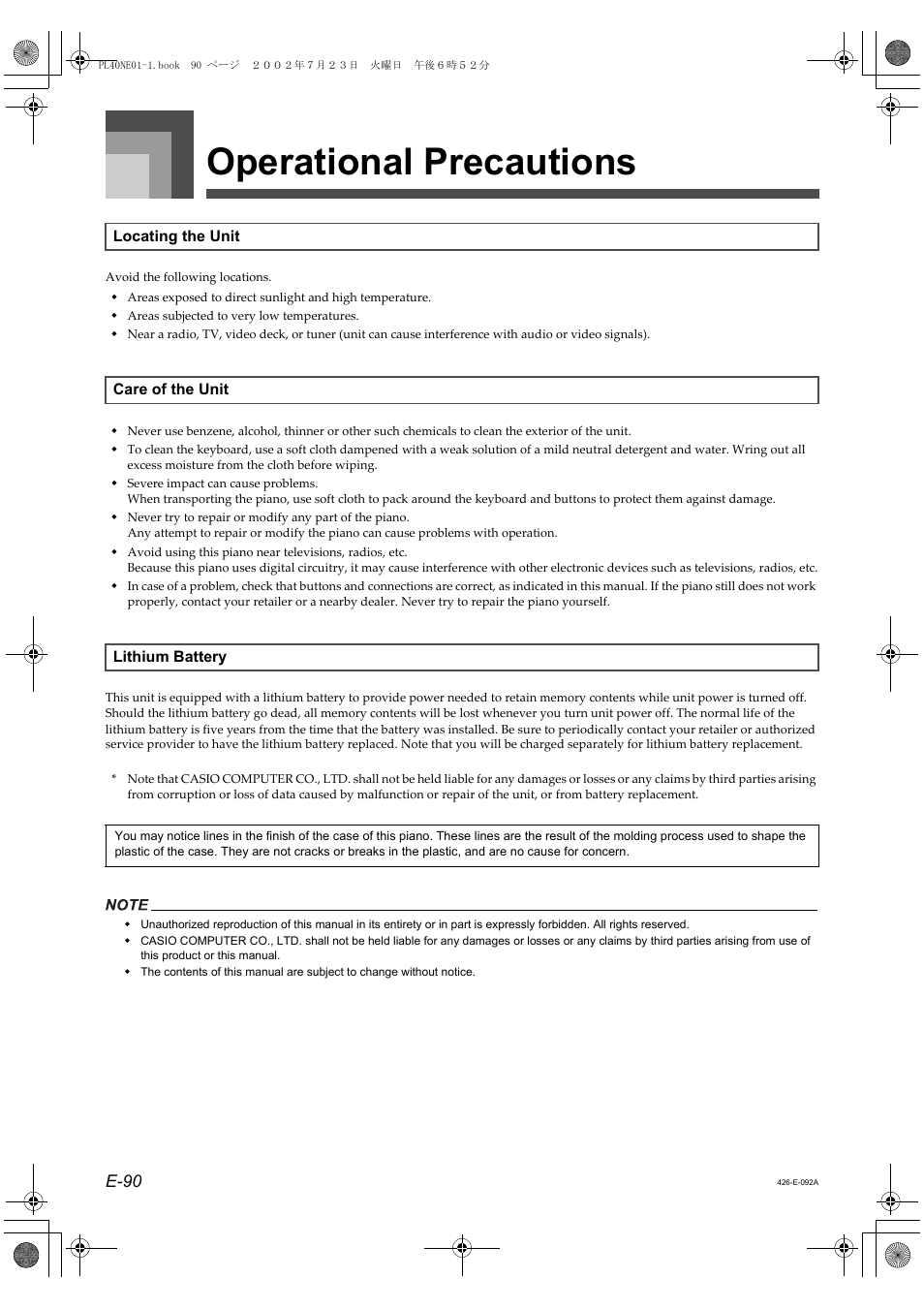 Operational precautions, E-90 | Casio PL-40R 3 User Manual | Page 8 / 14