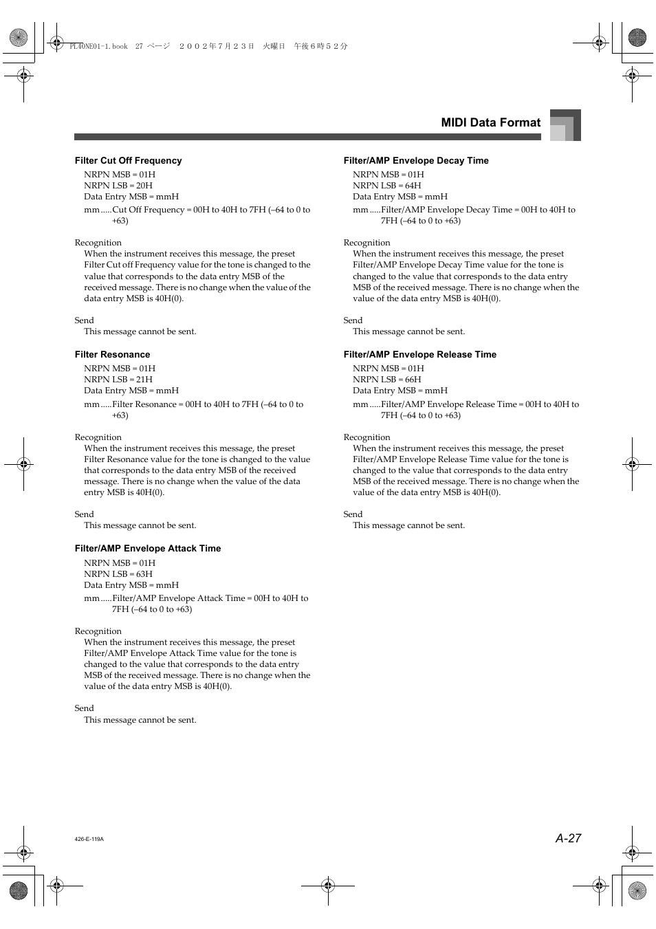 A-27 midi data format | Casio PL-40R 5 User Manual | Page 11 / 32