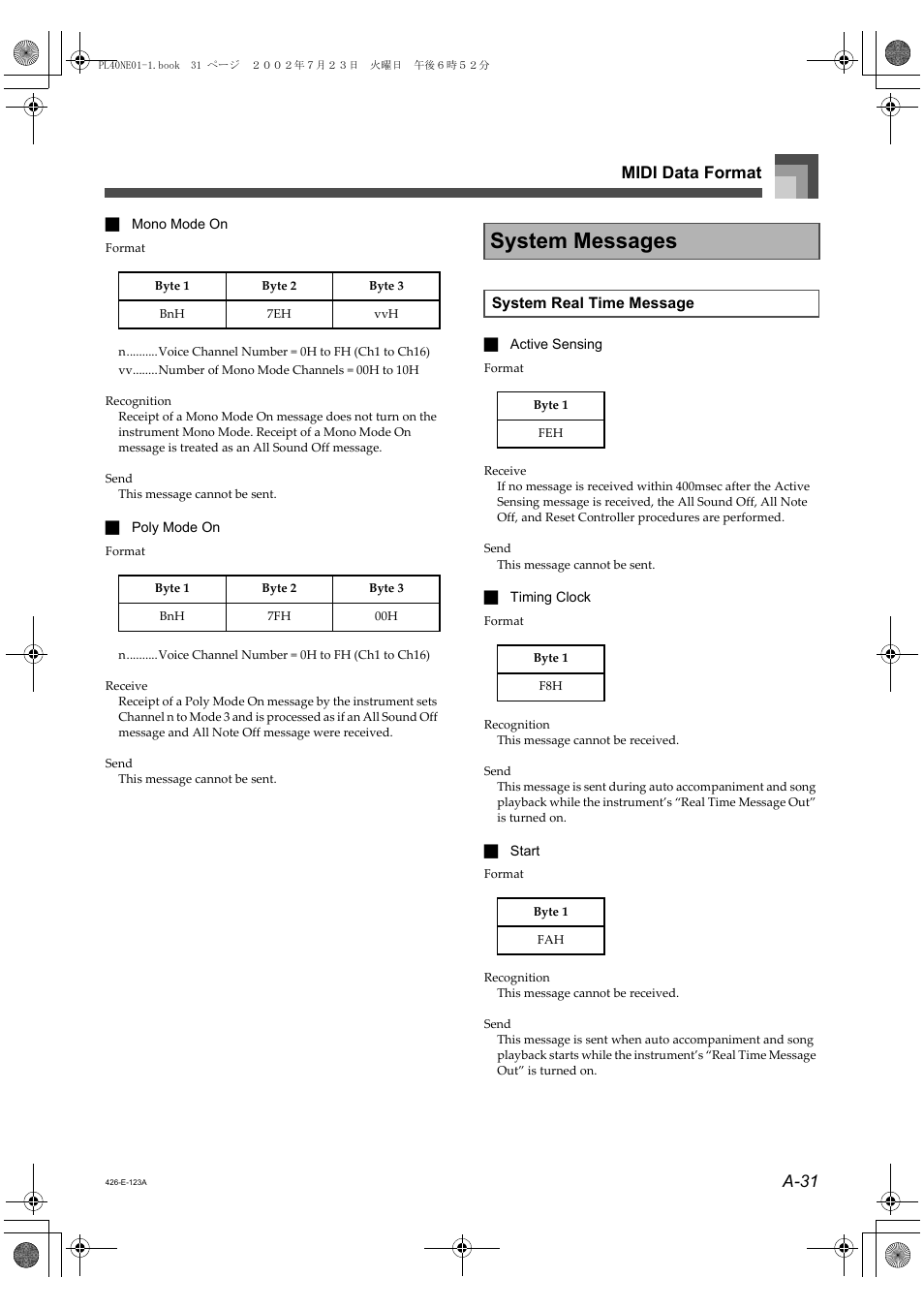 System messages, A-31 midi data format | Casio PL-40R 5 User Manual | Page 15 / 32