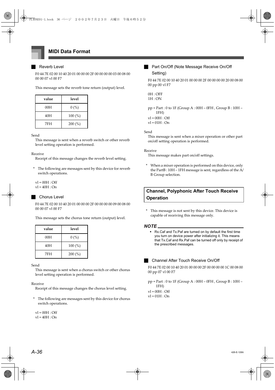 Midi data format a-36 | Casio PL-40R 5 User Manual | Page 20 / 32