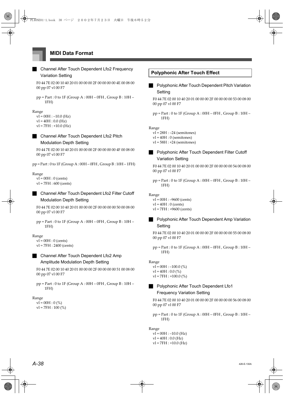 Midi data format a-38 | Casio PL-40R 5 User Manual | Page 22 / 32