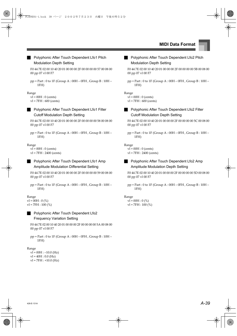 A-39 midi data format | Casio PL-40R 5 User Manual | Page 23 / 32