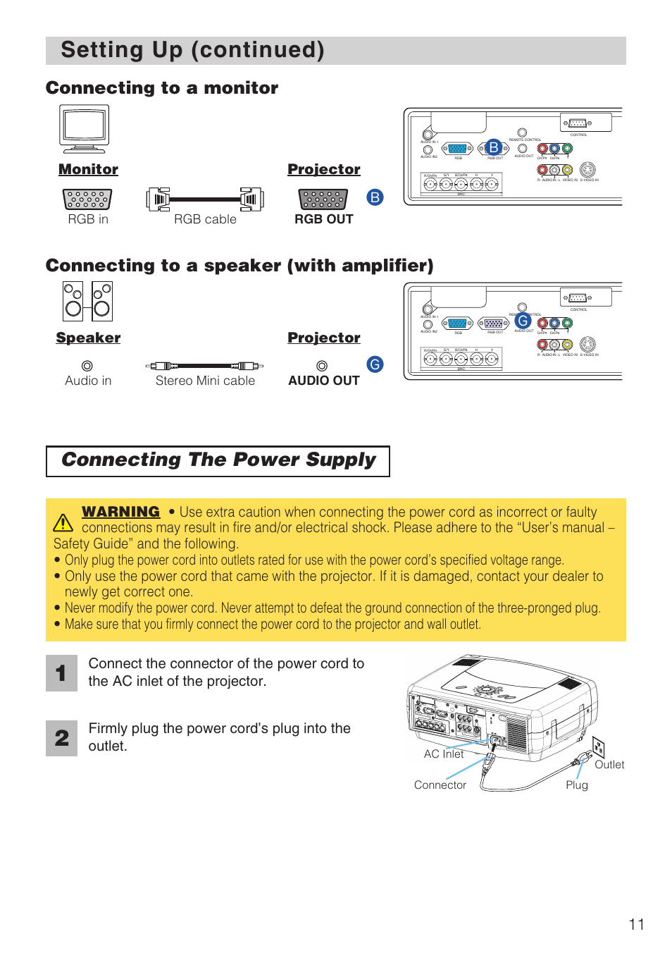 Connecting the power supply ·····11, Setting up (continued), Connecting the power supply | Connecting to a monitor, Connecting to a speaker (with amplifier), Monitor projector, Speaker projector, Firmly plug the power cord’s plug into the outlet, Rgb in rgb cable rgb out, Audio in stereo mini cable audio out | Dukane 8940 User Manual | Page 13 / 64
