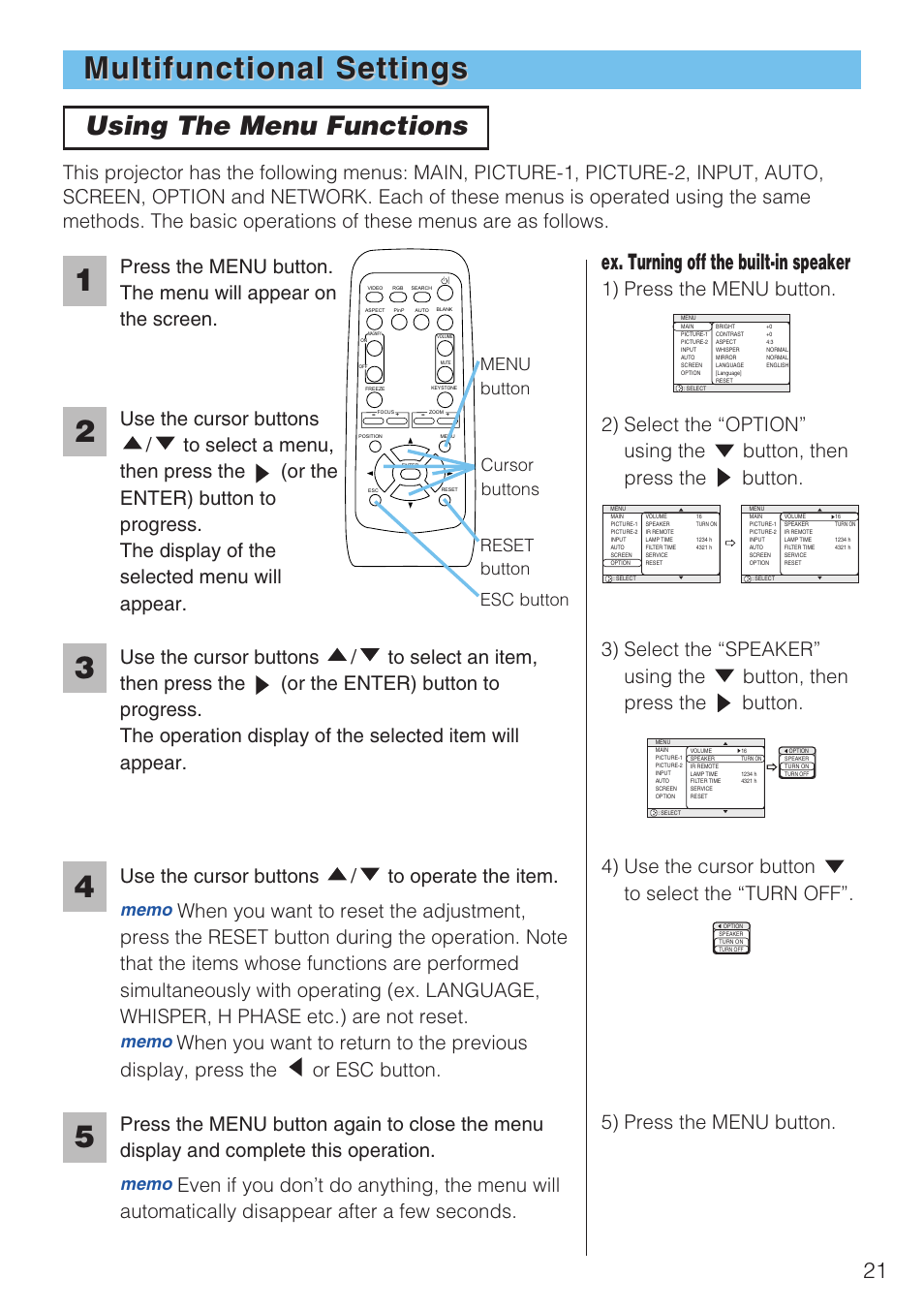 Multifunctional settings ················21, Using the menu functions···········21, Multifunctional settings | Using the menu functions, Ex. turning off the built-in speaker, 1) press the menu button, Cursor buttons menu button esc button reset button | Dukane 8940 User Manual | Page 23 / 64