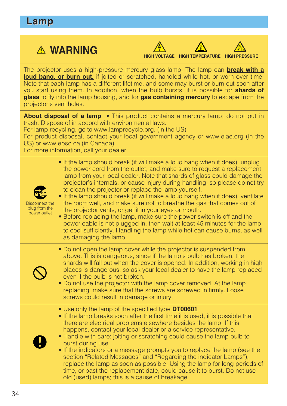 Warning, Lamp | Dukane 8940 User Manual | Page 36 / 64