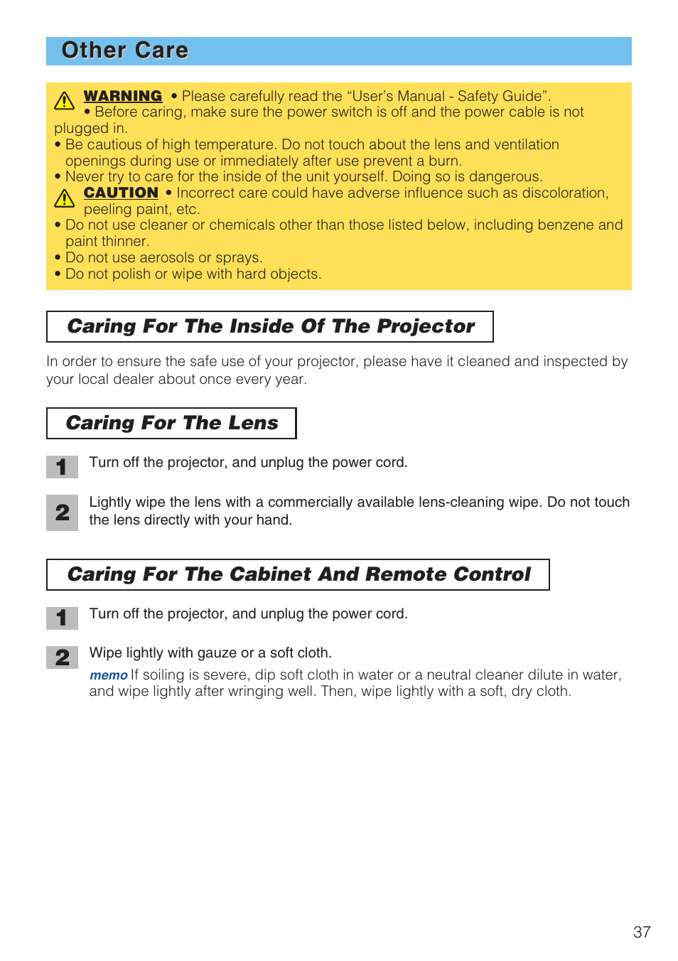 Other care, Caring for the inside of the projector, Caring for the lens | Caring for the cabinet and remote control | Dukane 8940 User Manual | Page 39 / 64