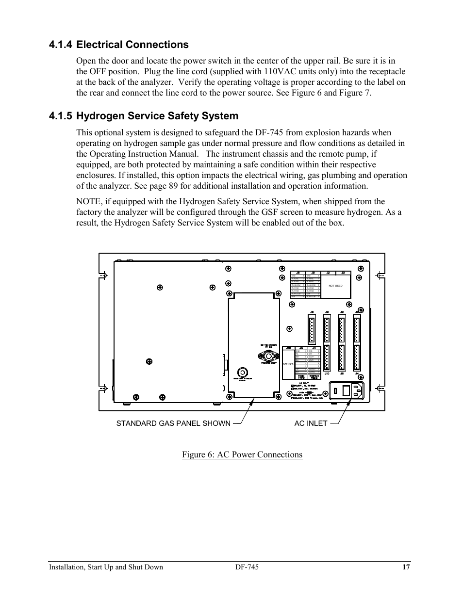 4 electrical connections, 5 hydrogen service safety system, Figure 6: ac power connections | Ac inlet, Standard gas panel shown | Delta Faucet NANOTRACE DF-745 User Manual | Page 21 / 98