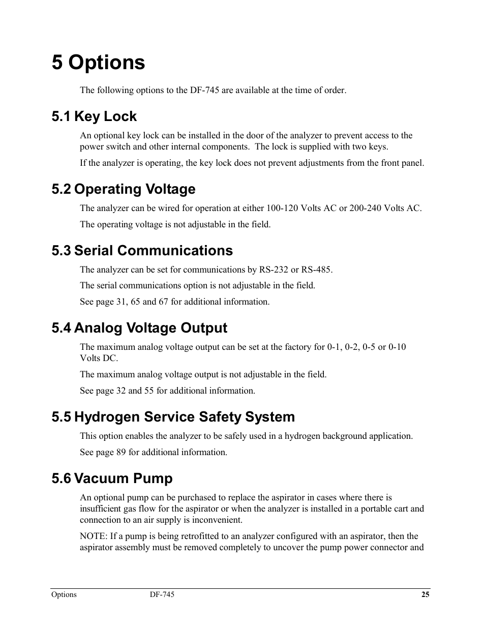 5 options, 1 key lock, 2 operating voltage | 3 serial communications, 4 analog voltage output, 5 hydrogen service safety system, 6 vacuum pump | Delta Faucet NANOTRACE DF-745 User Manual | Page 29 / 98