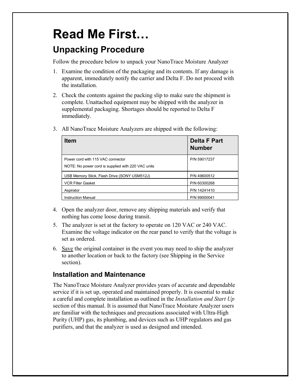 Read me first, Unpacking procedure, Installation and maintenance | Delta Faucet NANOTRACE DF-745 User Manual | Page 3 / 98