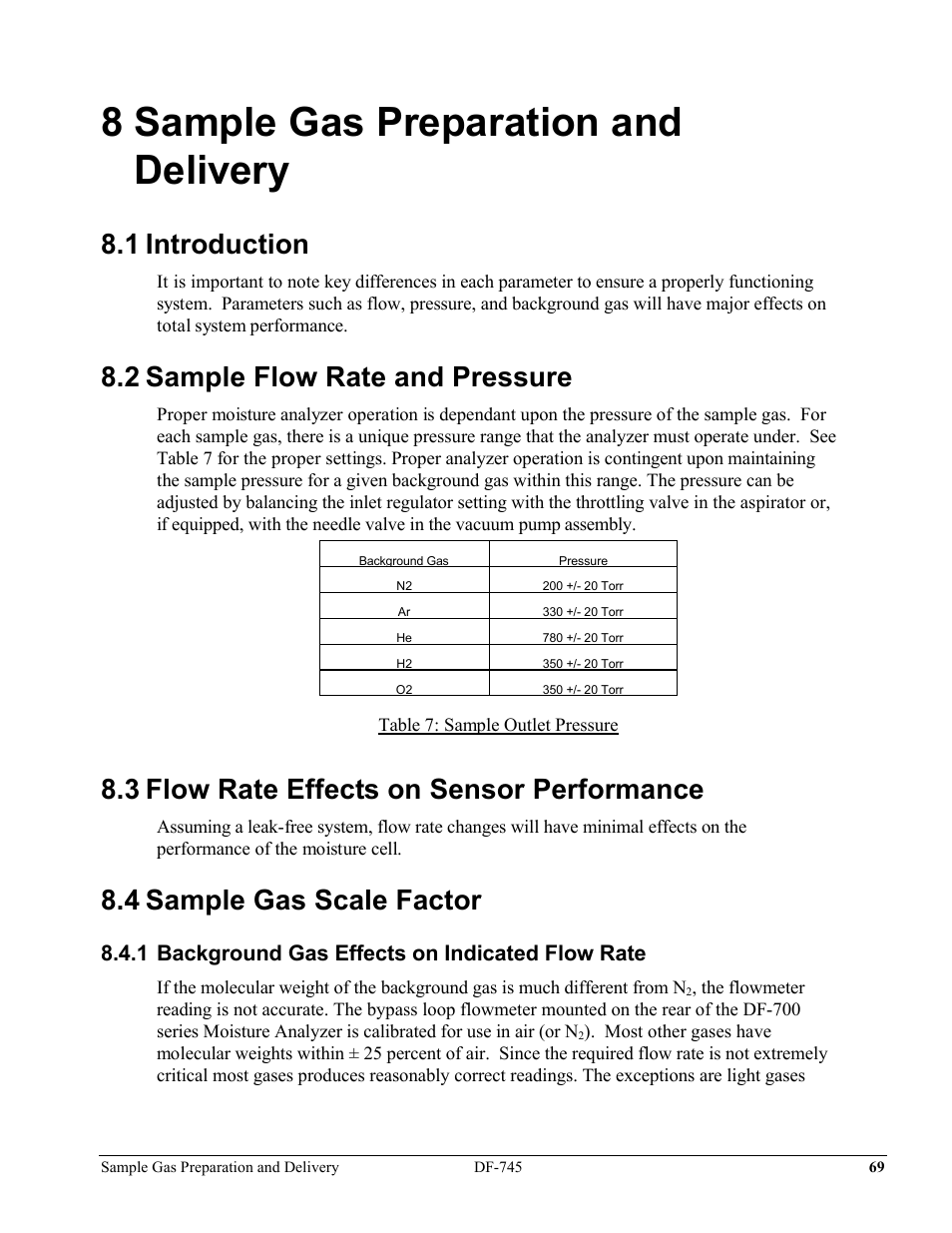8 sample gas preparation and delivery, 1 introduction, 2 sample flow rate and pressure | 3 flow rate effects on sensor performance, 4 sample gas scale factor | Delta Faucet NANOTRACE DF-745 User Manual | Page 73 / 98
