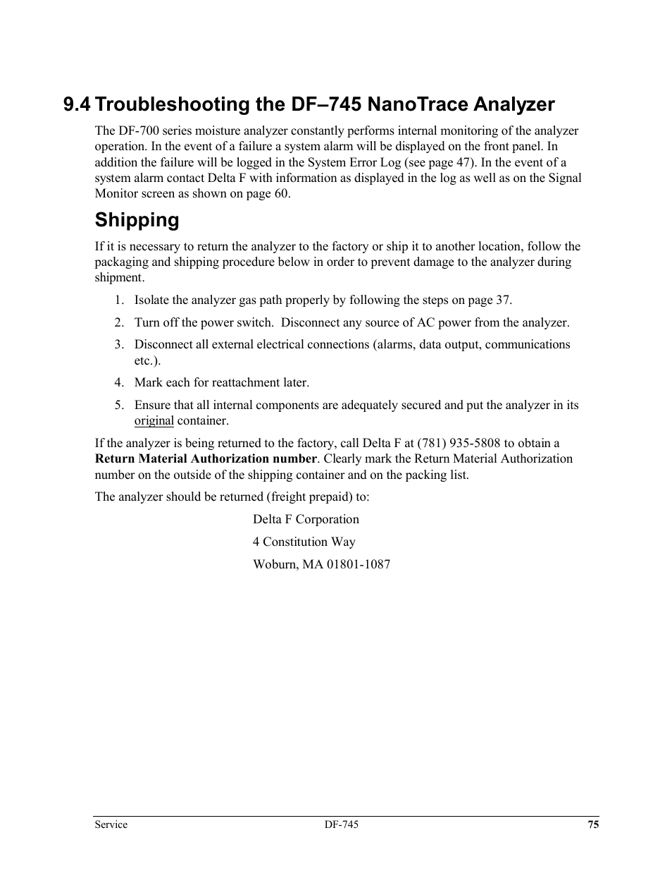 4 troubleshooting the df–745 nanotrace analyzer, Shipping | Delta Faucet NANOTRACE DF-745 User Manual | Page 79 / 98