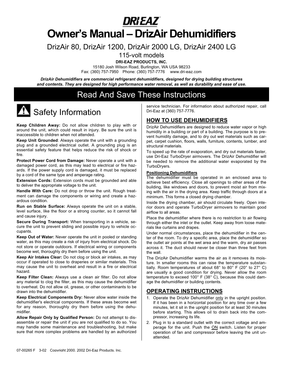 Dri-Eaz 2000 LG User Manual | 4 pages