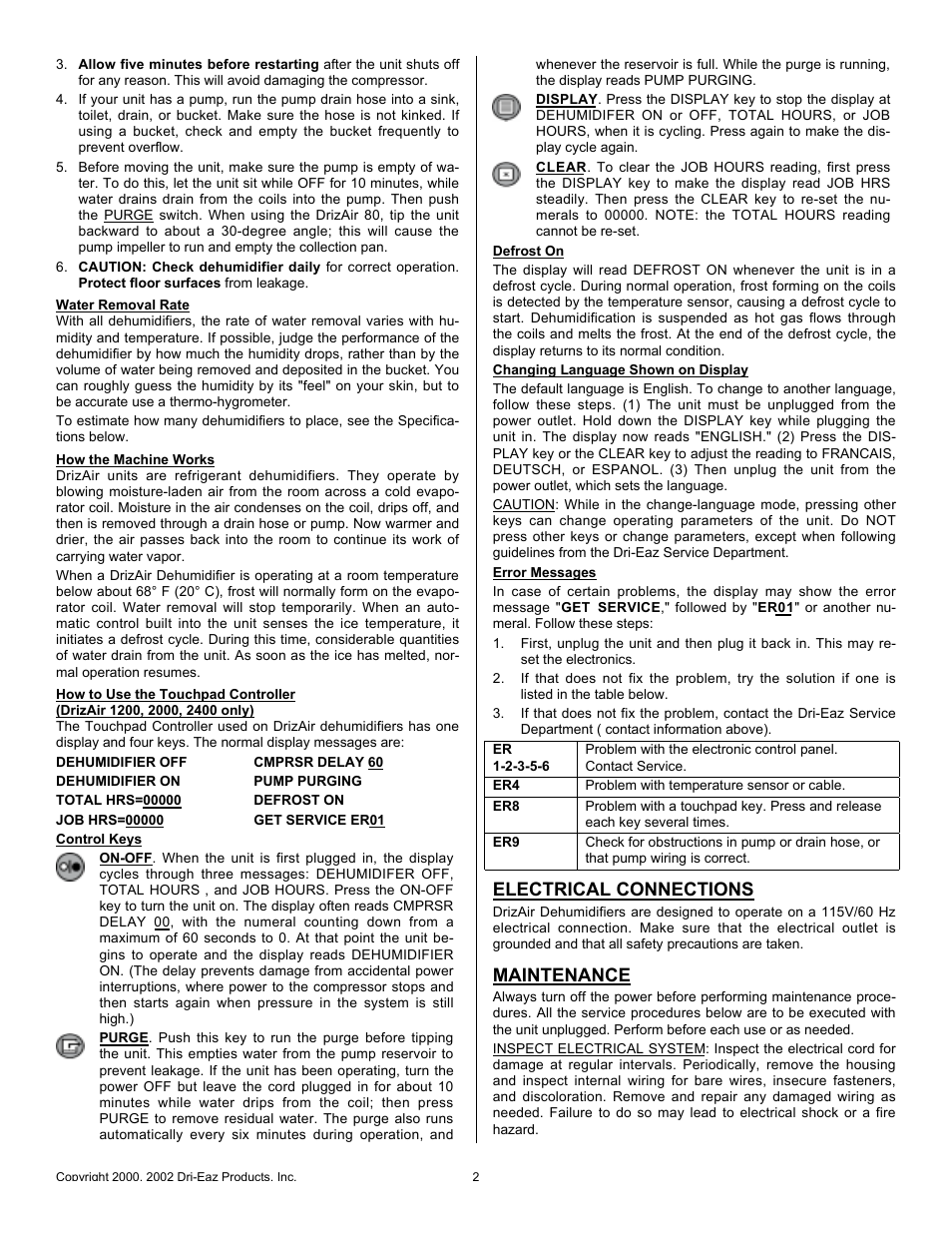 Electrical connections, Maintenance | Dri-Eaz 2000 LG User Manual | Page 2 / 4