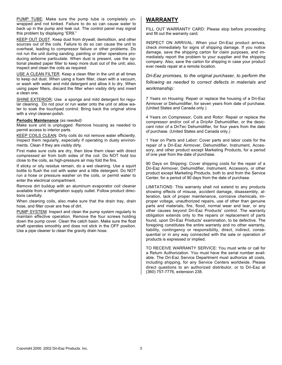 Warranty | Dri-Eaz 2000 LG User Manual | Page 3 / 4