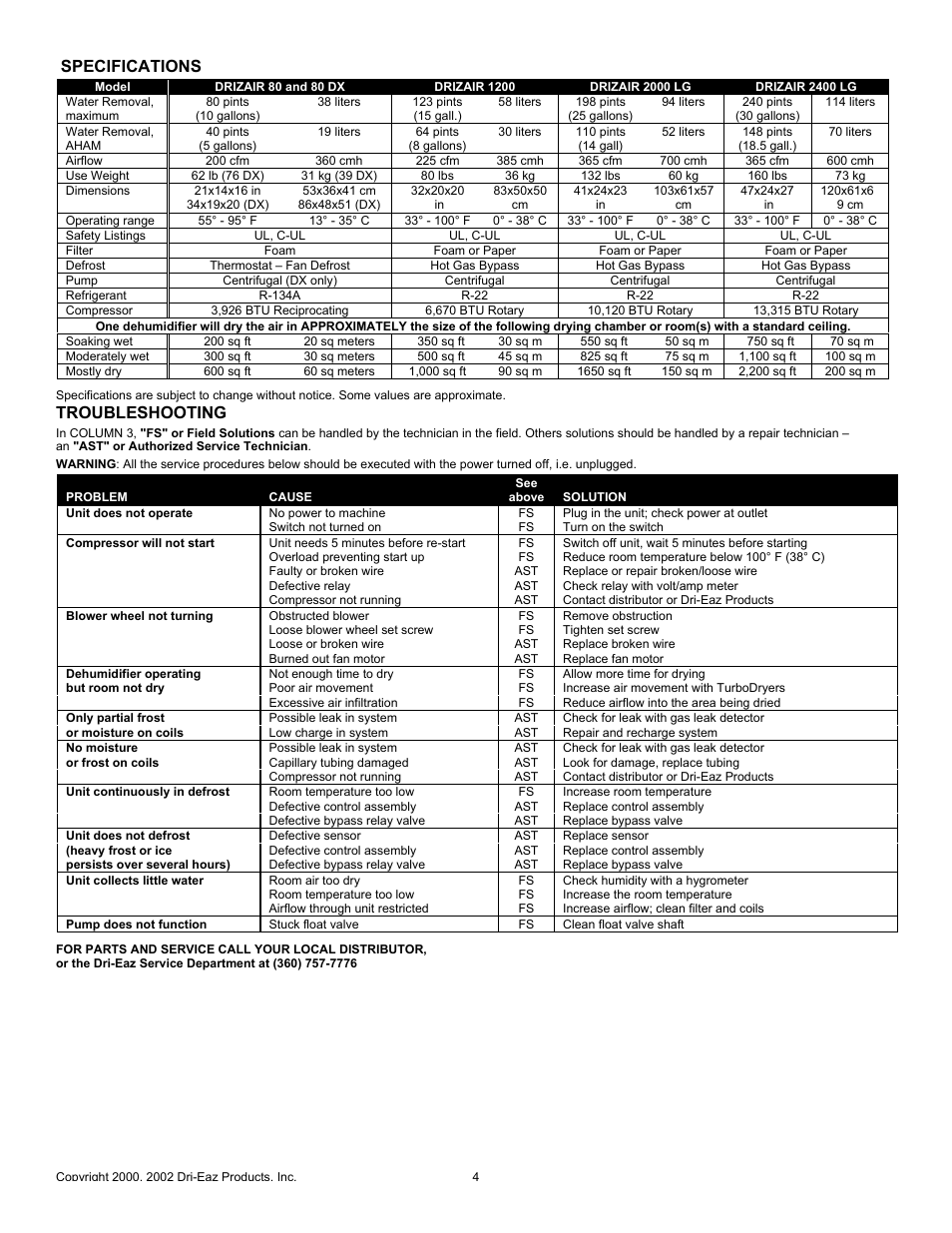 Specifications, Troubleshooting | Dri-Eaz 2000 LG User Manual | Page 4 / 4