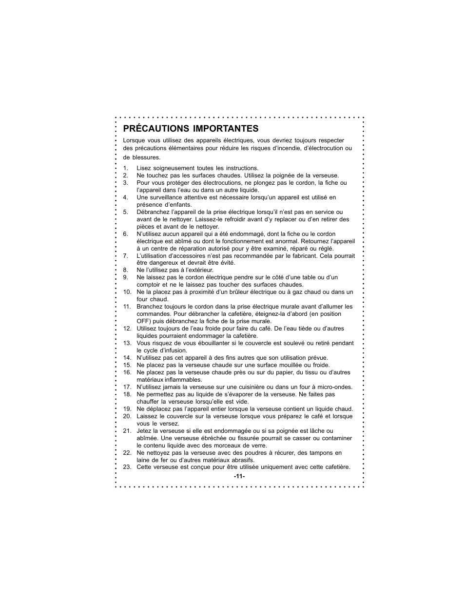 Précautions importantes | DeLonghi DC59TW User Manual | Page 11 / 44