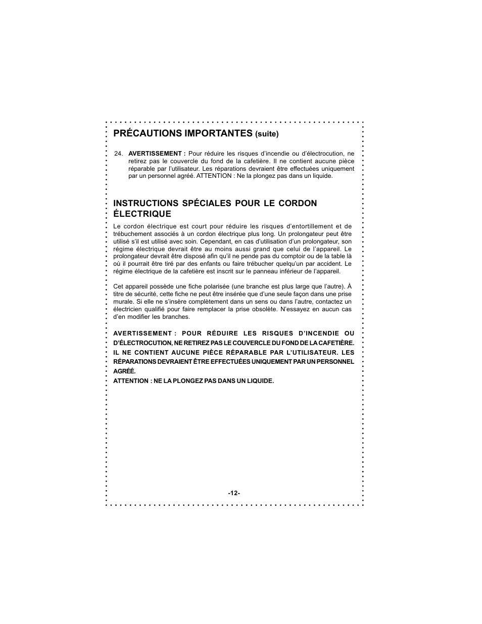 Précautions importantes | DeLonghi DC59TW User Manual | Page 12 / 44