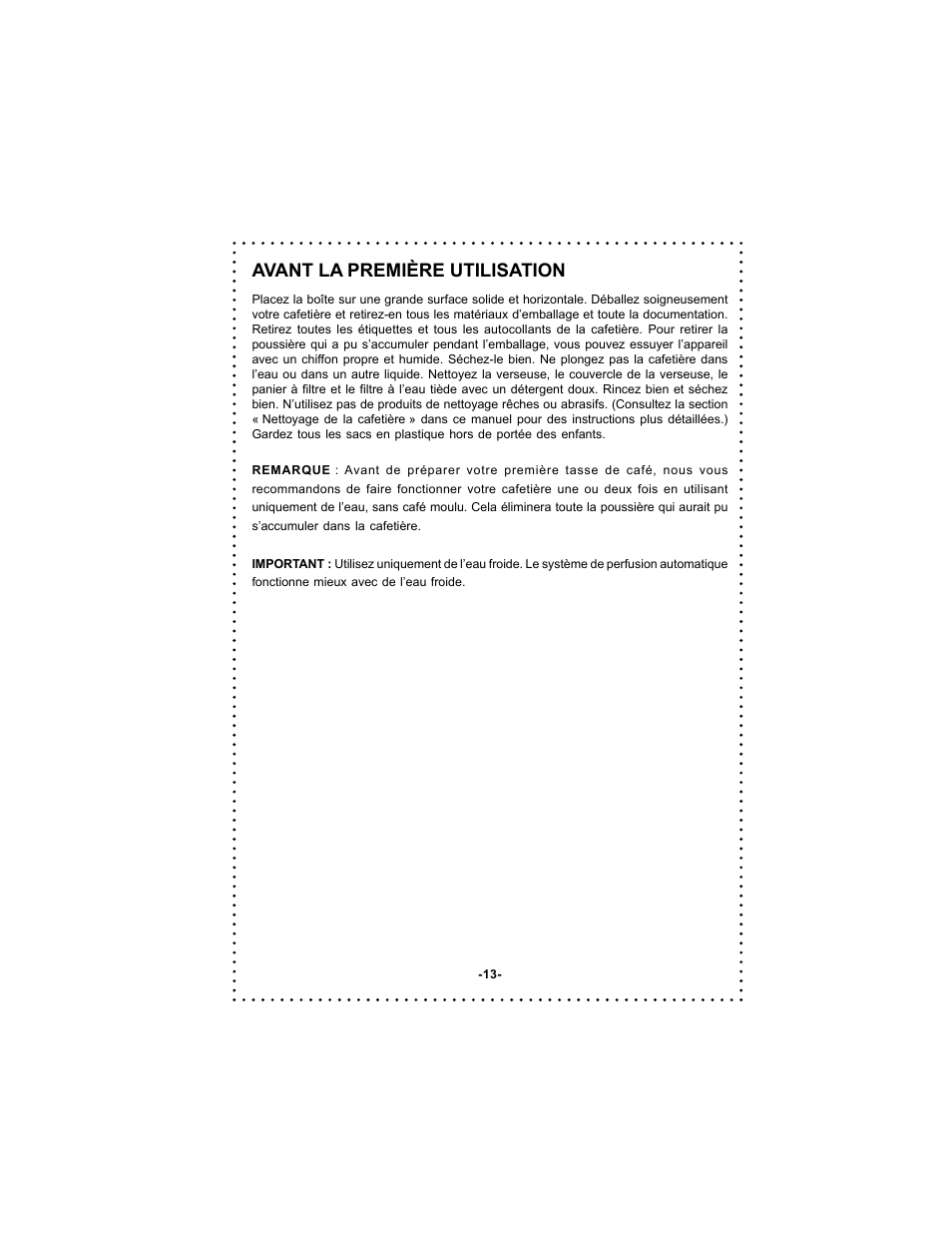 Avant la première utilisation | DeLonghi DC59TW User Manual | Page 13 / 44