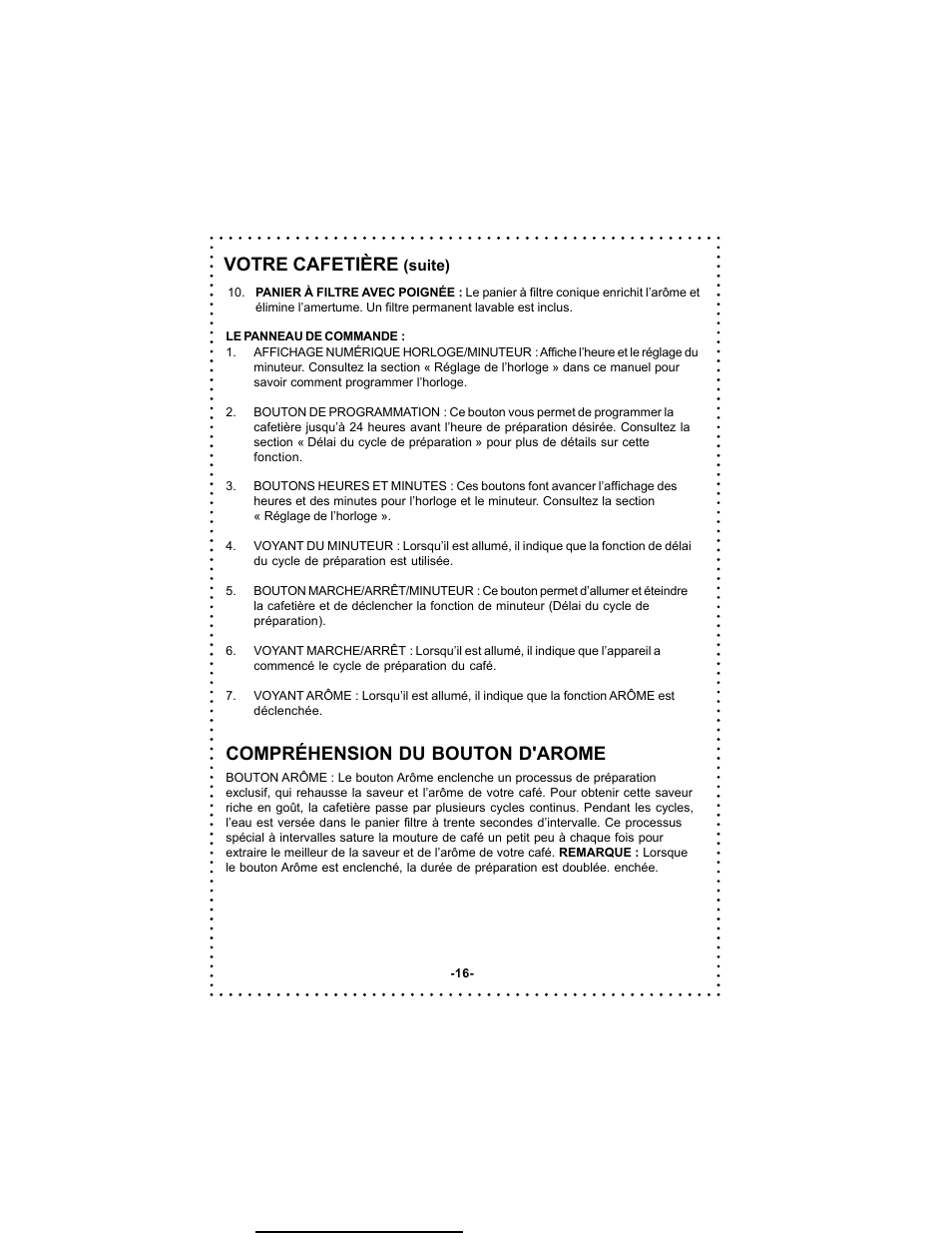 Votre cafetière, Compréhension du bouton d'arome | DeLonghi DC59TW User Manual | Page 16 / 44