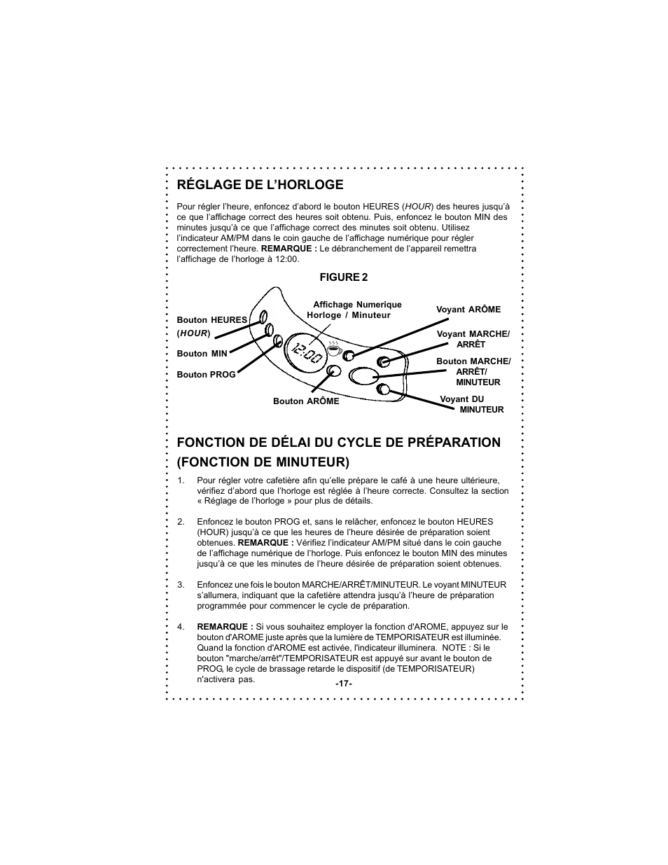 Réglage de l’horloge, Fonction de délai du cycle de préparation, Fonction de minuteur) | DeLonghi DC59TW User Manual | Page 17 / 44