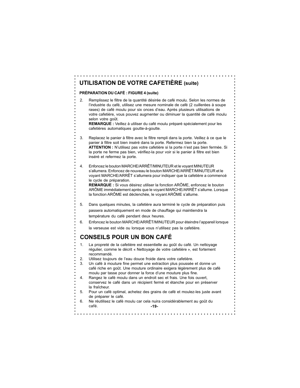 Utilisation de votre cafetière, Conseils pour un bon café | DeLonghi DC59TW User Manual | Page 19 / 44