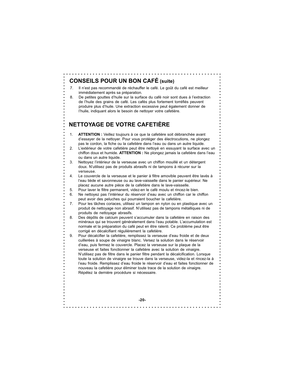 Nettoyage de votre cafetière, Conseils pour un bon café | DeLonghi DC59TW User Manual | Page 20 / 44