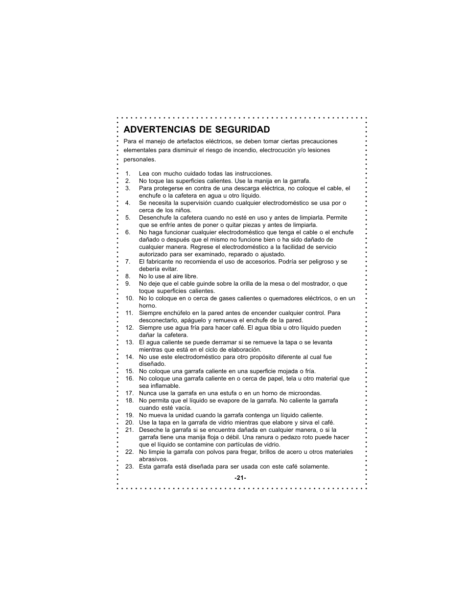 Advertencias de seguridad | DeLonghi DC59TW User Manual | Page 21 / 44