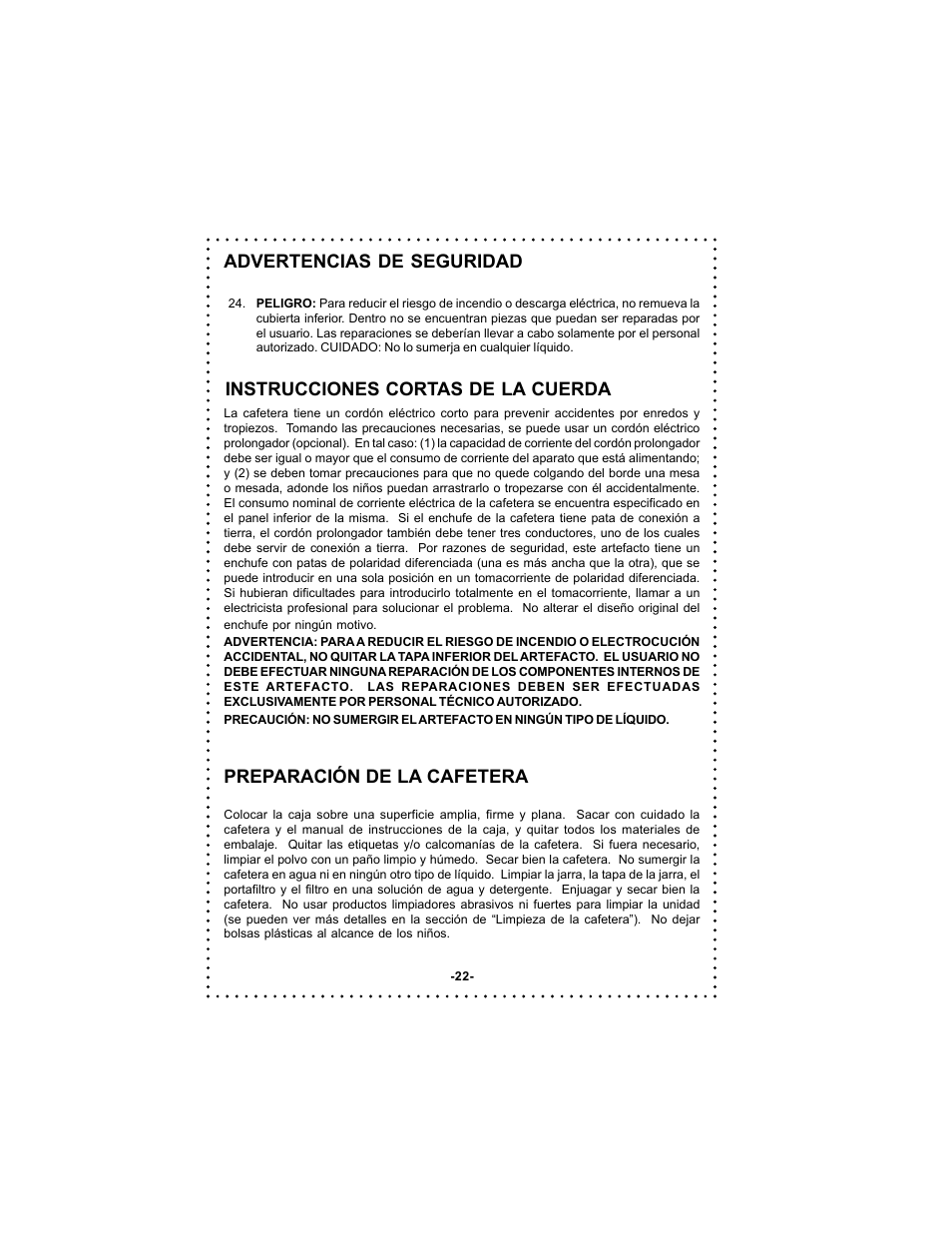 Preparación de la cafetera | DeLonghi DC59TW User Manual | Page 22 / 44