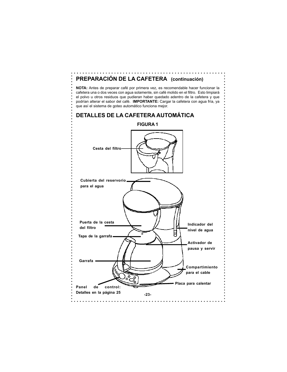 Preparación de la cafetera, Detalles de la cafetera automática | DeLonghi DC59TW User Manual | Page 23 / 44