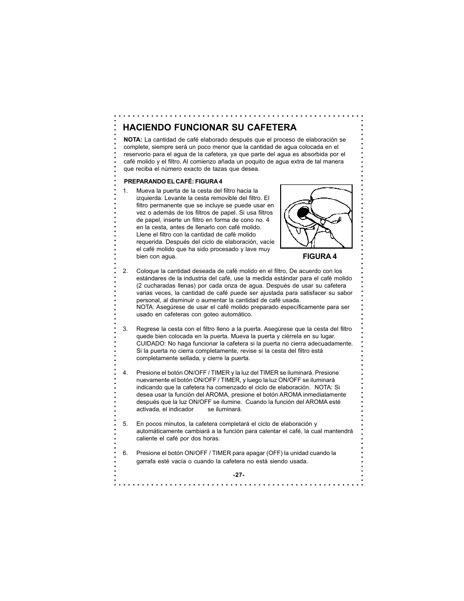 Haciendo funcionar su cafetera | DeLonghi DC59TW User Manual | Page 27 / 44