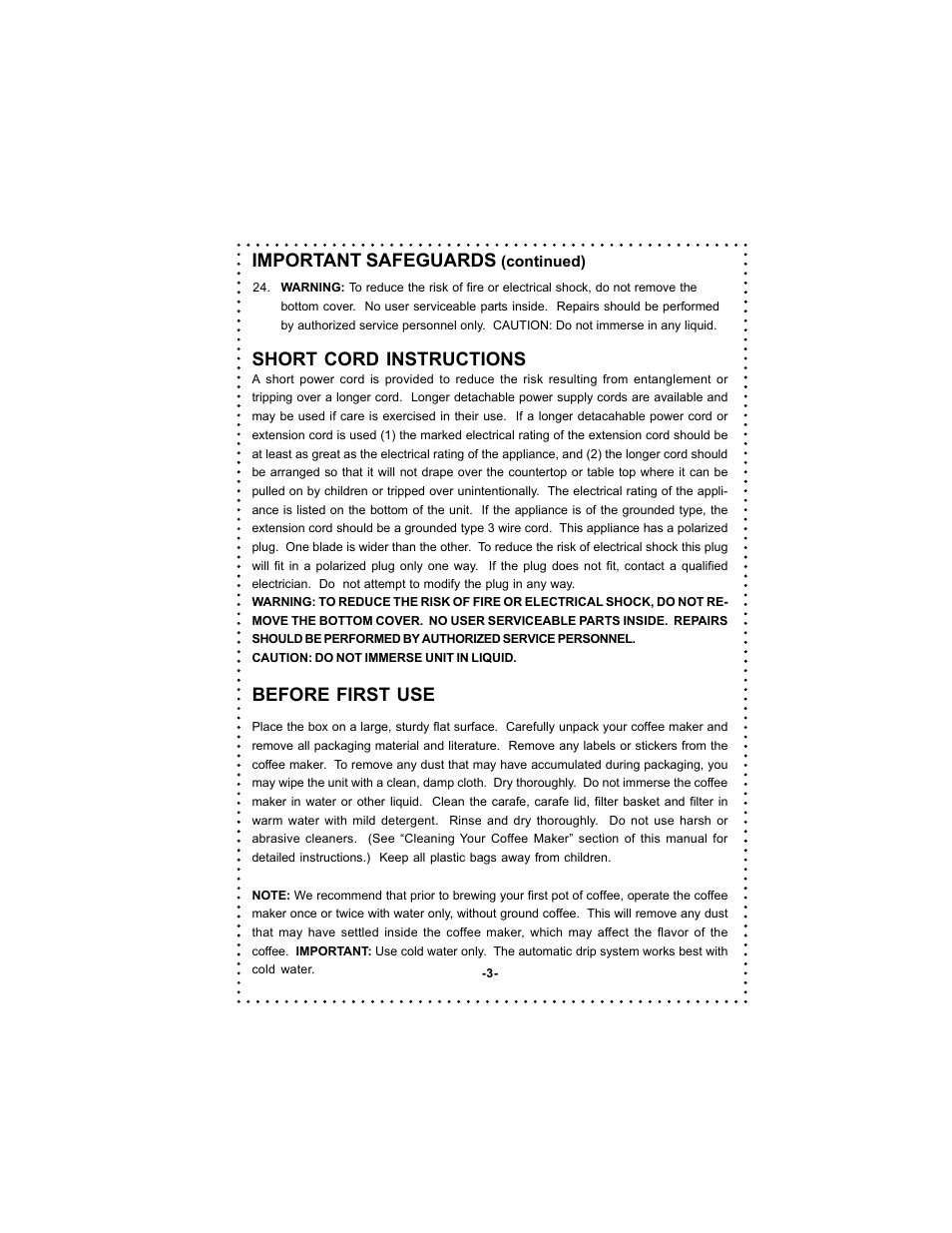 Before first use, Important safeguards, Short cord instructions | DeLonghi DC59TW User Manual | Page 3 / 44