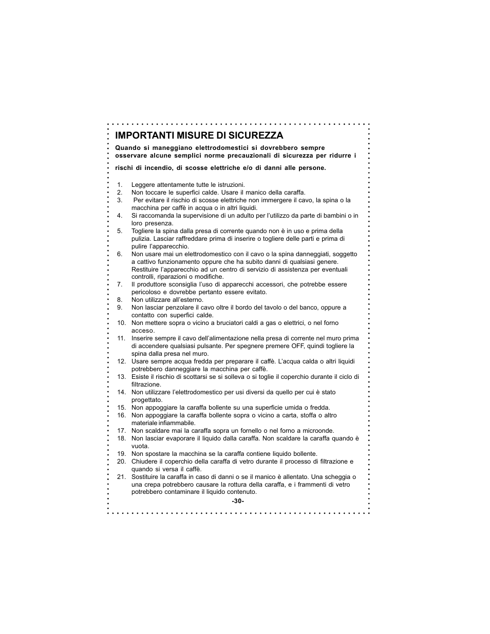 Importanti misure di sicurezza | DeLonghi DC59TW User Manual | Page 30 / 44