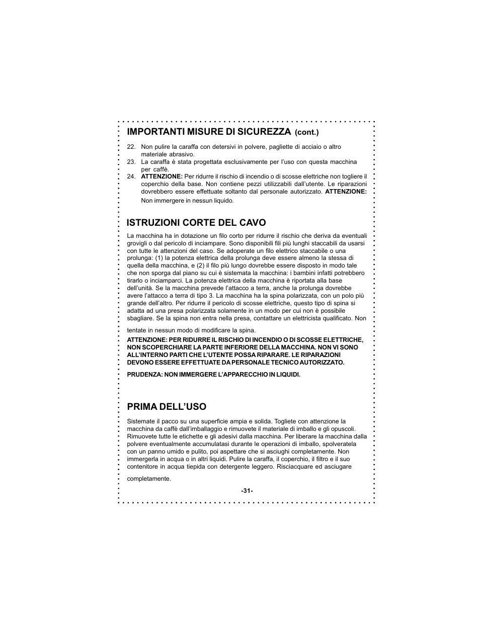 Importanti misure di sicurezza, Istruzioni corte del cavo, Prima dell’uso | DeLonghi DC59TW User Manual | Page 31 / 44