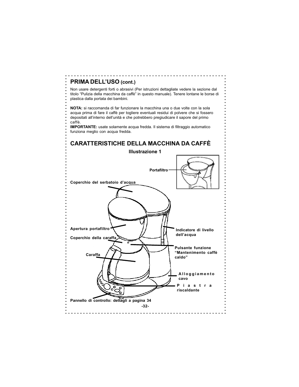 Prima dell’uso, Caratteristiche della macchina da caffè | DeLonghi DC59TW User Manual | Page 32 / 44