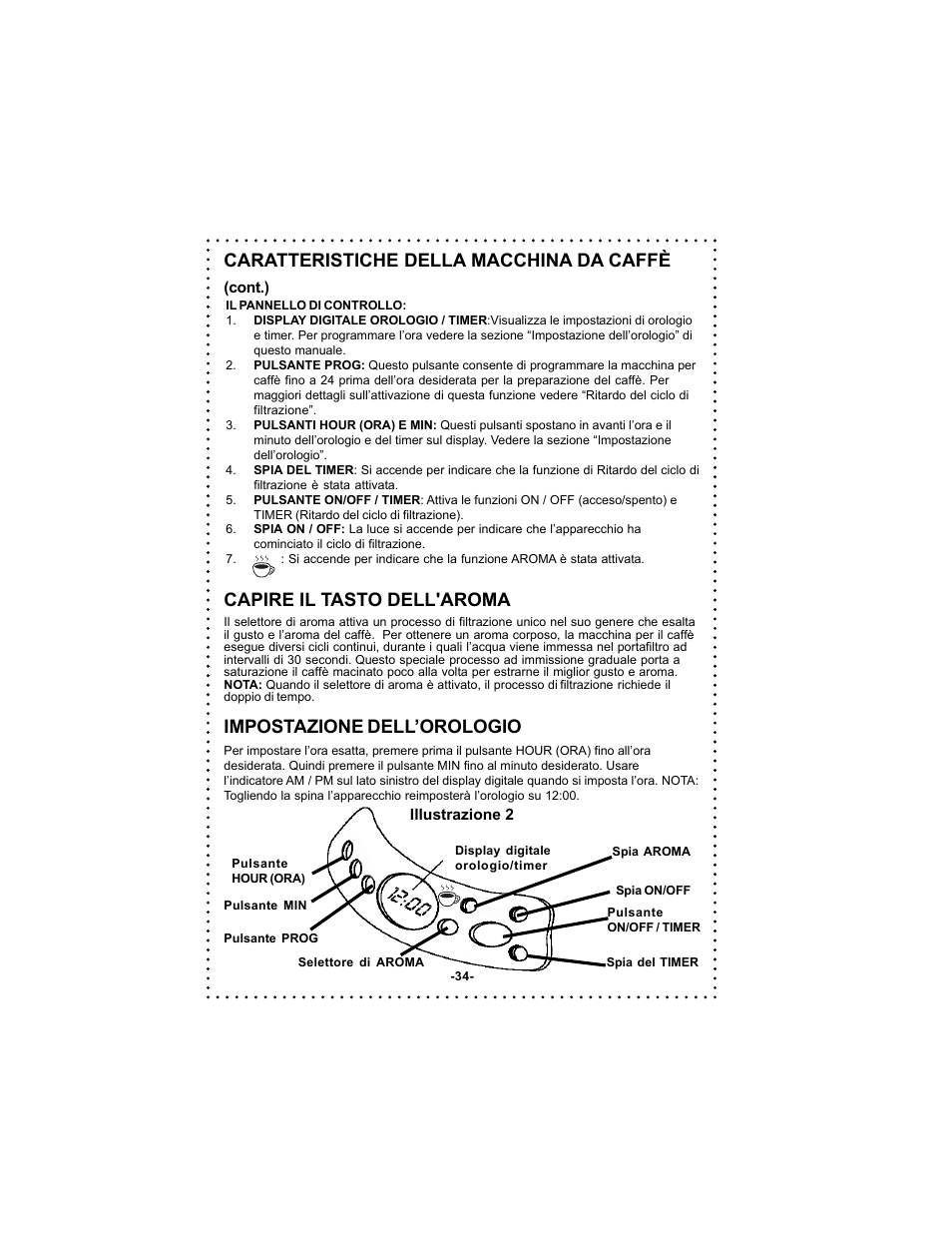 Caratteristiche della macchina da caffè, Capire il tasto dell'aroma, Impostazione dell’orologio | DeLonghi DC59TW User Manual | Page 34 / 44